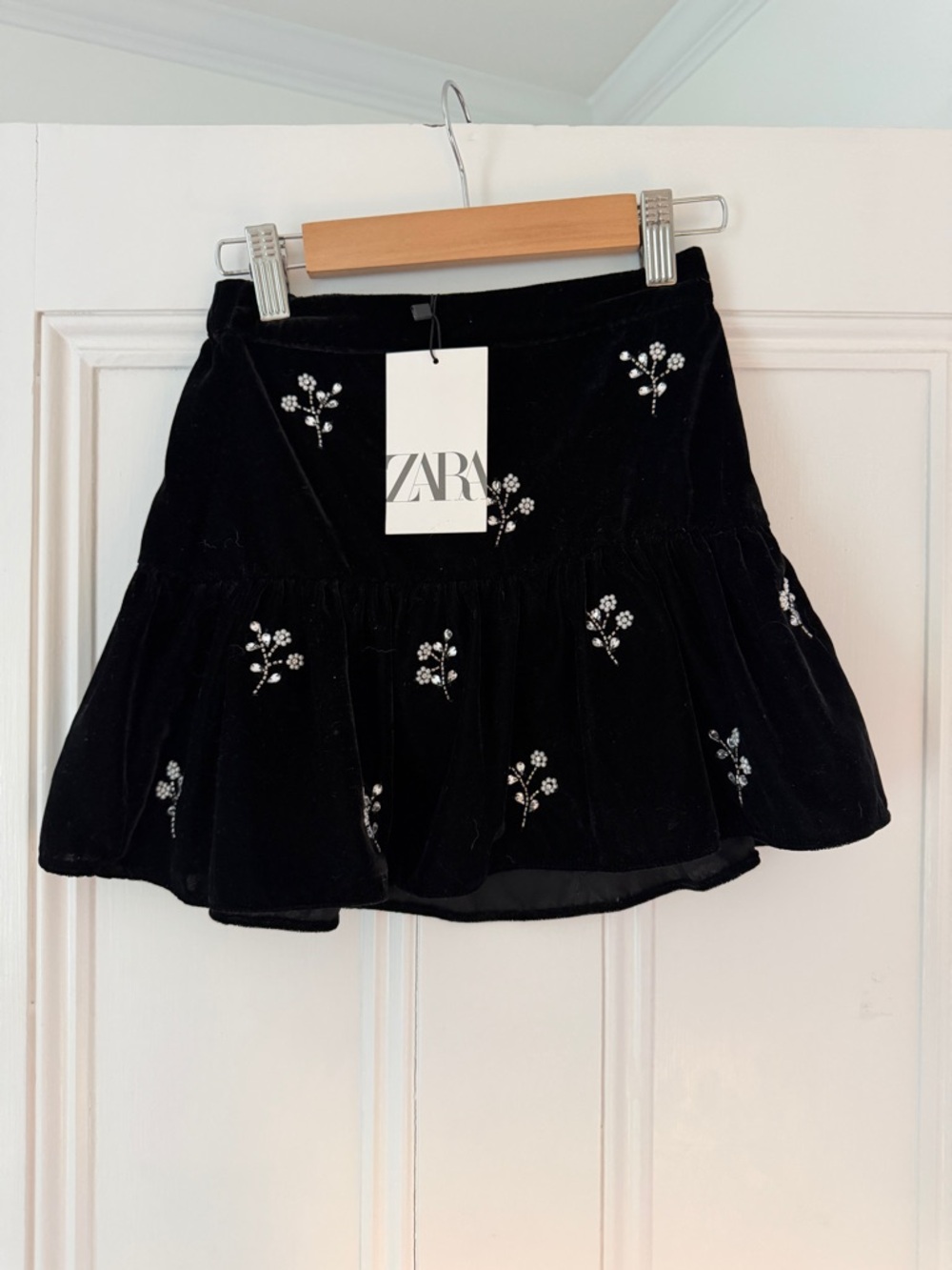 ZARA kids Black Embroidered Velvet Mini Skirt with crystal details